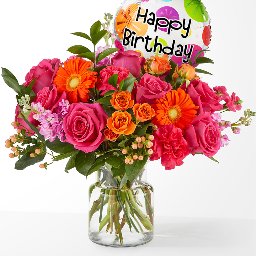 Fiesta Bouquet with Birthday Balloon – HEARTS & FLOWERS FLORIST, Pine Bush NY