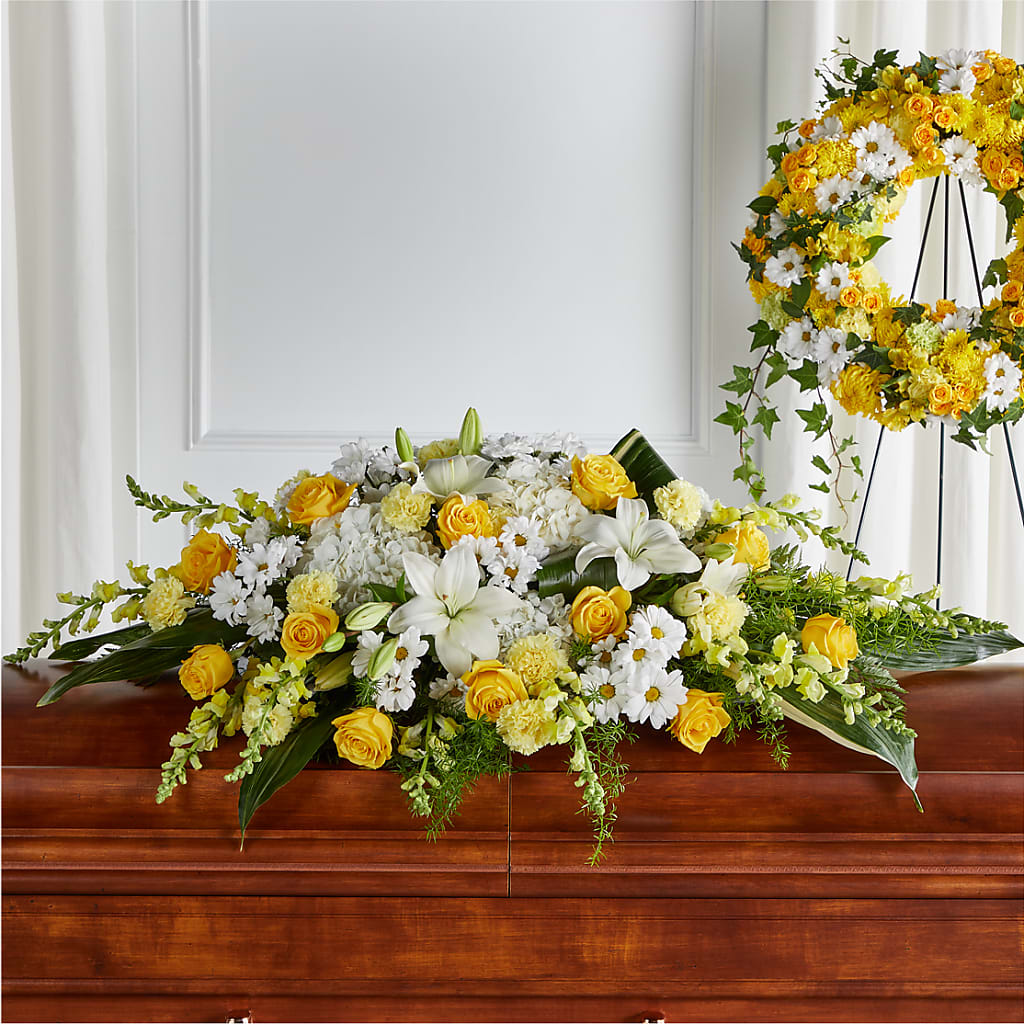 Golden Harmony Casket Spray – HEARTS & FLOWERS FLORIST, Pine Bush NY