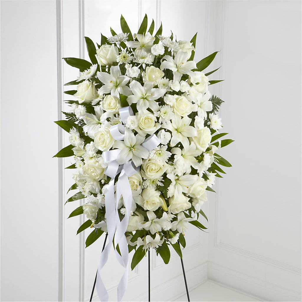 Exquisite Tribute Standing Spray-White Ribbon – HEARTS & FLOWERS FLORIST, Pine Bush NY