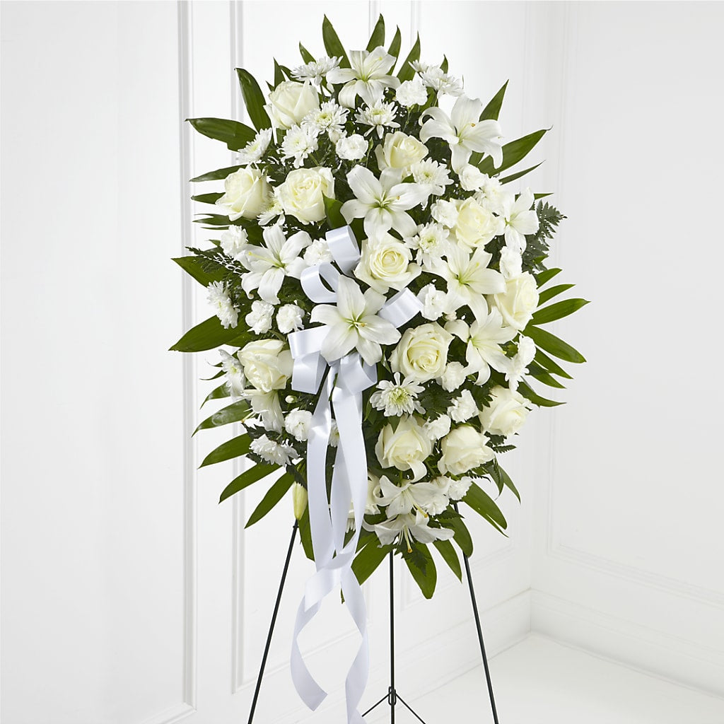 Exquisite Tribute Standing Spray-White Ribbon – HEARTS & FLOWERS FLORIST, Pine Bush NY